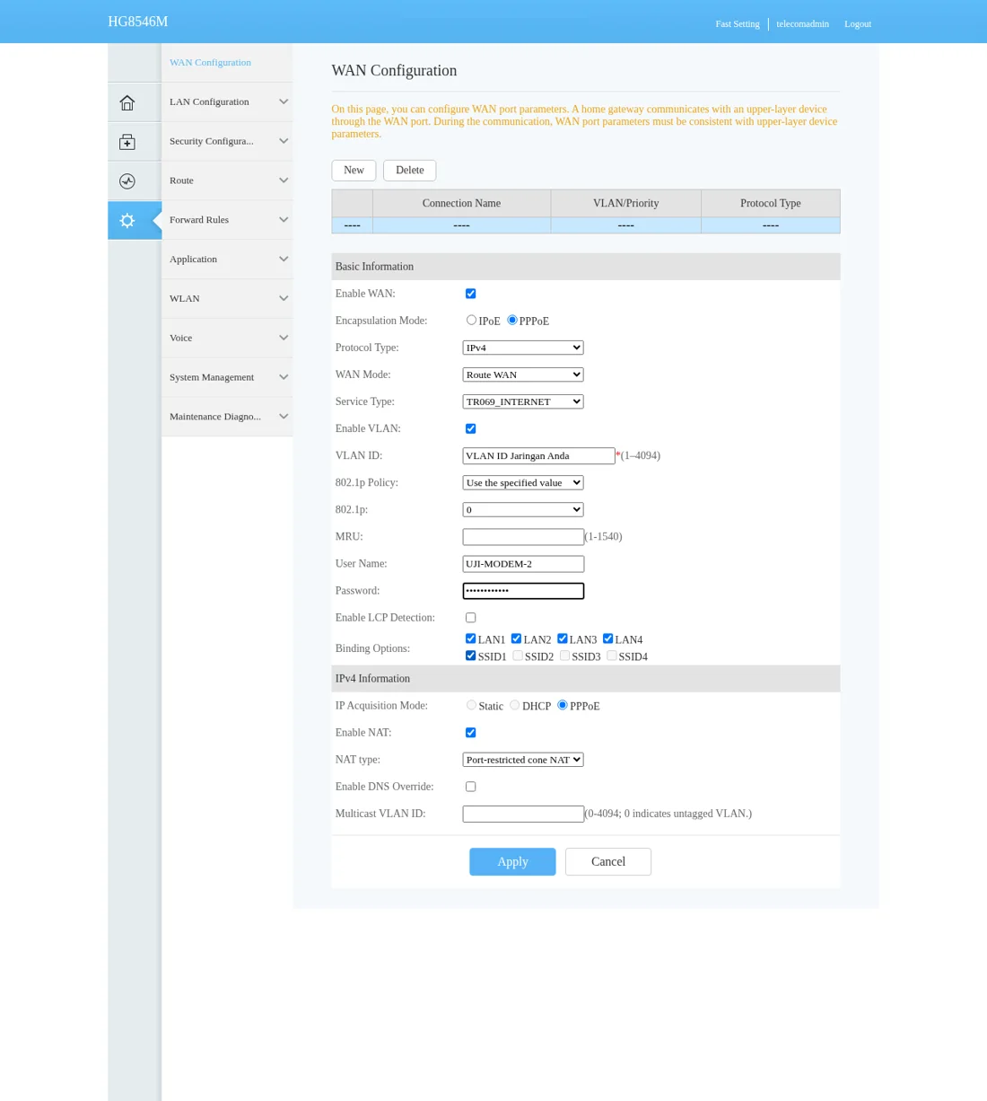 WAN PPPoE Huawei: Encapsulation PPPoE, Service Type TR069_INTERNET, VLAN ID Jaringan Anda, Binding LAN1 sampai LAN4 dan SSID1