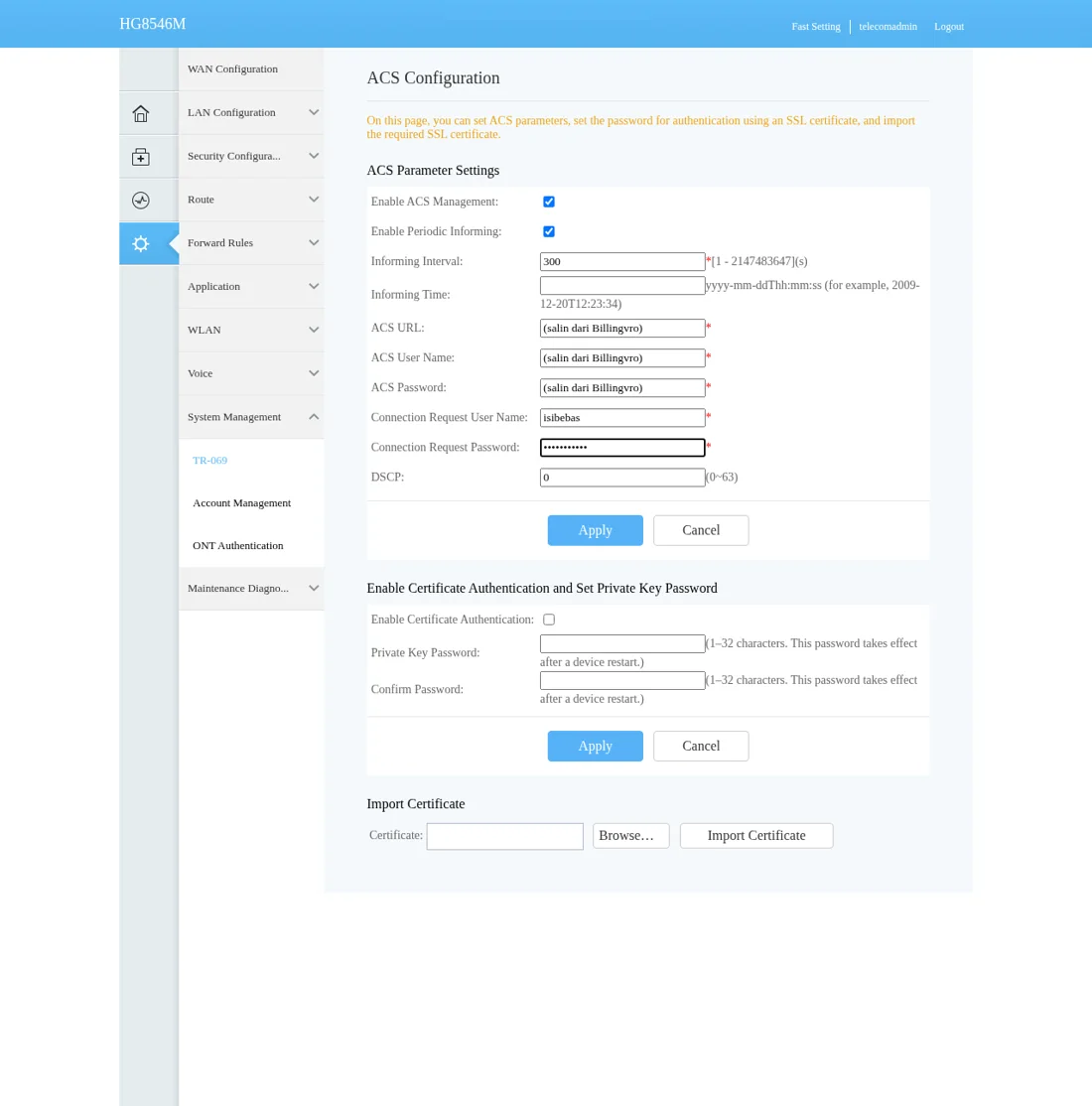 ACS Configuration Huawei: ACS URL, User Name, Password disalin dari Billingvro, interval 300