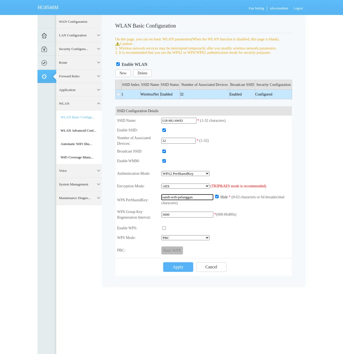 WLAN Basic Configuration Huawei: SSID Name, WPA2 PreSharedKey, AES