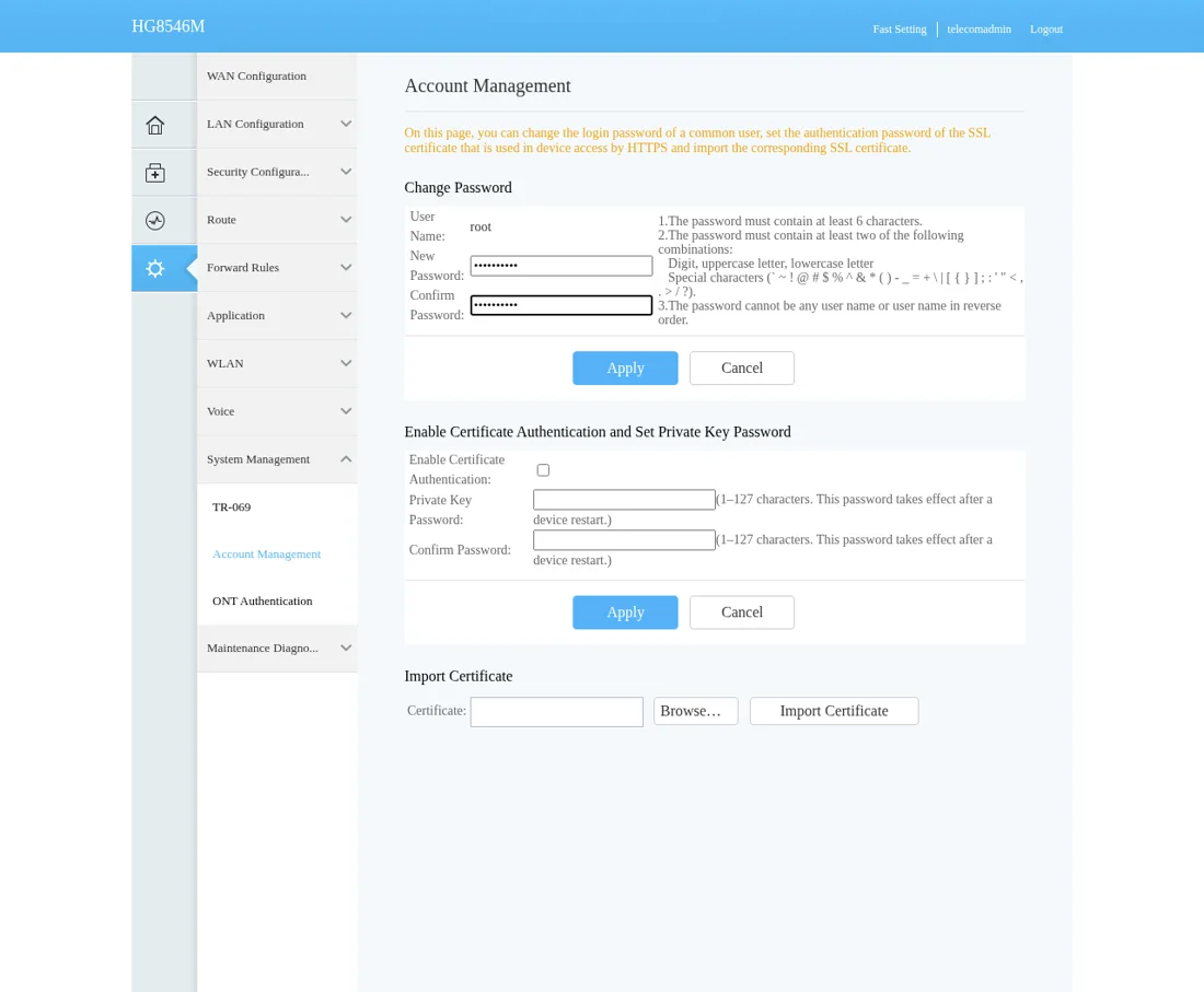 Account Management Huawei: New Password dan Confirm Password