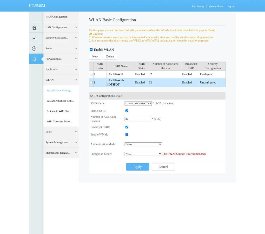 WLAN Basic Configuration Huawei: SSID kedua hotspot dengan Authentication Mode Open