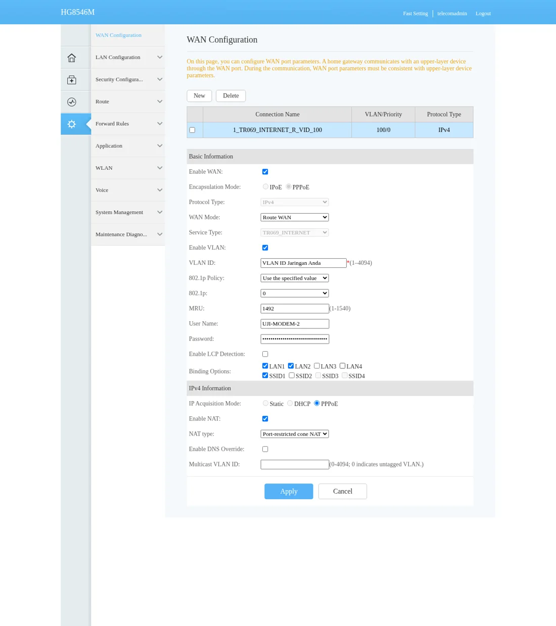 WAN PPPoE Huawei skenario B: Binding LAN1, LAN2, SSID1