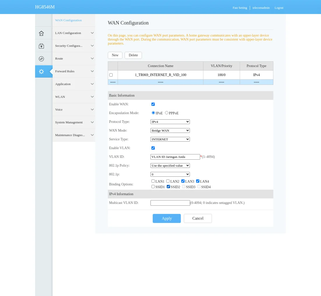 WAN Bridge hotspot Huawei: Bridge WAN, VLAN ID Jaringan Anda, Binding LAN3, LAN4, SSID2