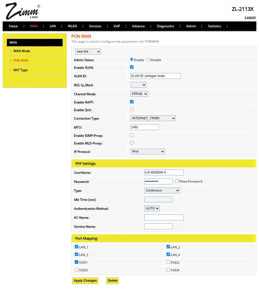 WAN PPPoE Zimmlink: VLAN ID Jaringan Anda, Connection Type INTERNET_TR069, Port Mapping LAN_1 sampai LAN_4 dan SSID1