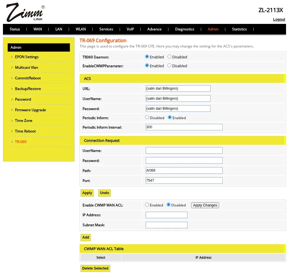 Halaman TR-069 Configuration Zimmlink: URL, UserName, Password disalin dari Billingvro, Connection Request kosong