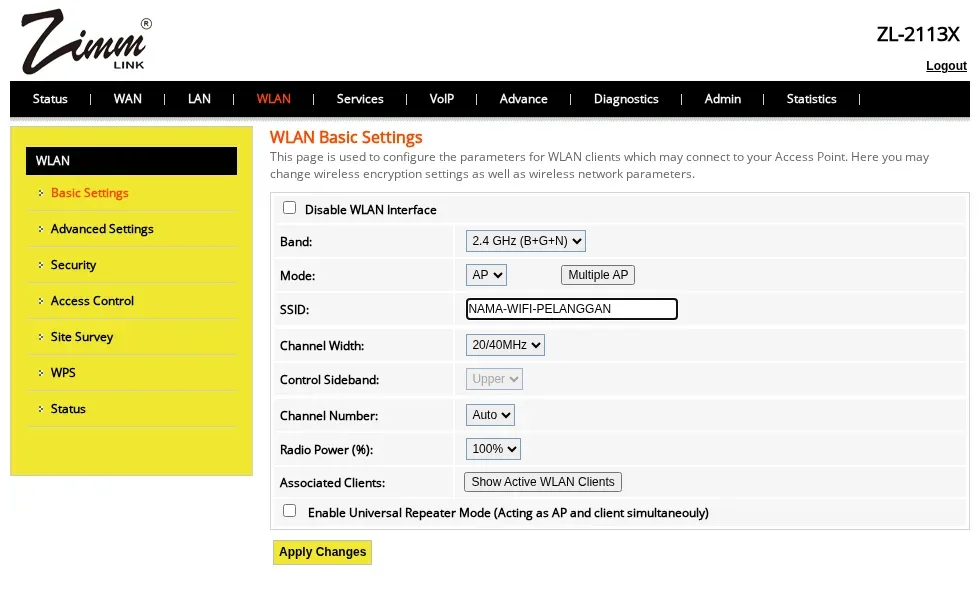WLAN Basic Settings Zimmlink: kolom SSID diisi nama WiFi pelanggan