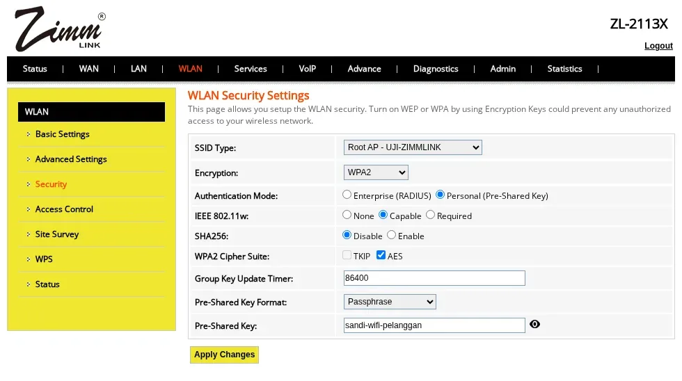 WLAN Security Zimmlink: Encryption WPA2 dan Pre-Shared Key