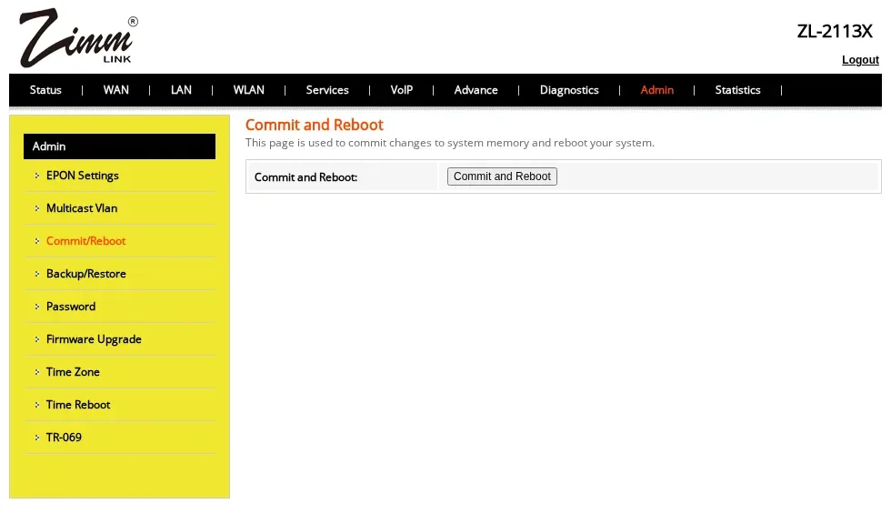 Admin Commit/Reboot Zimmlink