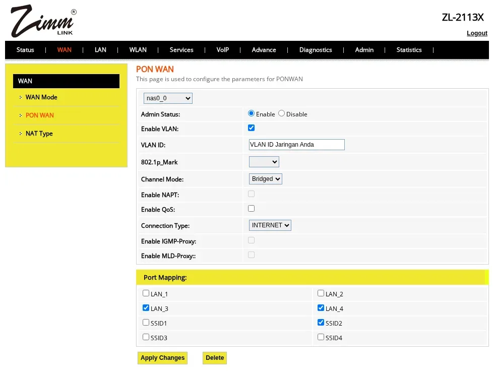 WAN bridge hotspot Zimmlink: VLAN ID Jaringan Anda, Channel Mode Bridged, Port Mapping LAN_3, LAN_4, SSID2