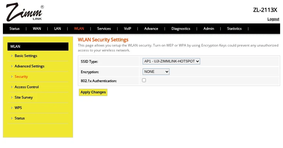 WLAN Security Zimmlink: AP1 hotspot dengan Encryption NONE